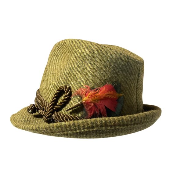 Vintage Green Wool Tyrolean Fedora Hat Sz 7 Feather Pin Braided Rope Accent - Picture 3 of 9